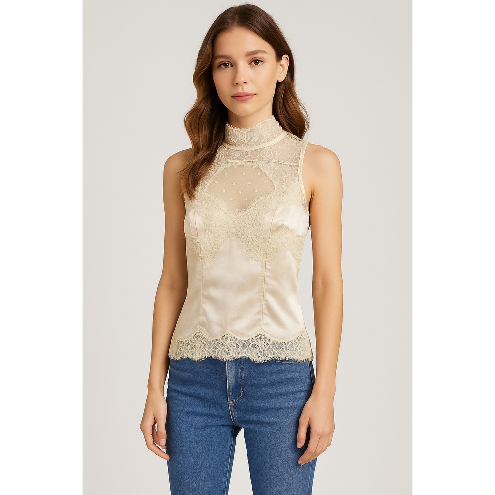 Bebe Champagne Lace Trim Mock Neck Sleeveless Top XS Elegant‎ Party